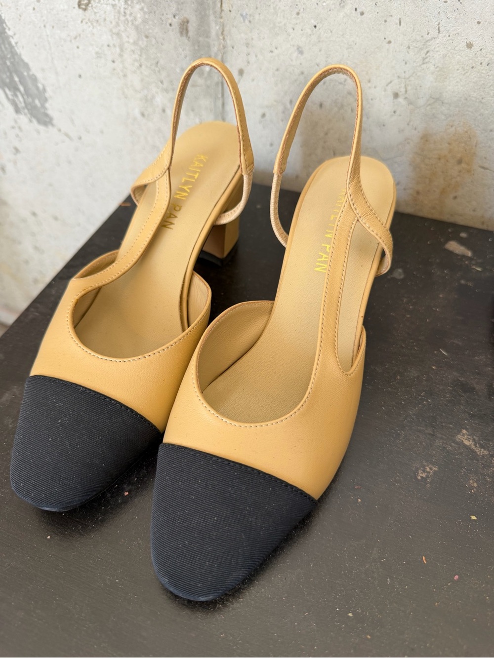 Kaitlyn Two-Tone Slingback Block Heel in Tan and Black Cap